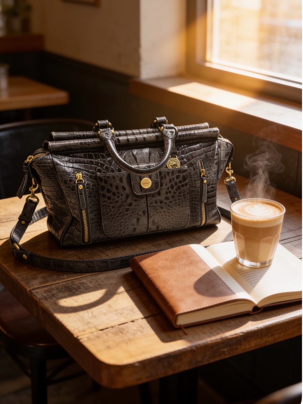 Brahmin Gray Croc Embossed Leather Shoulder Bag